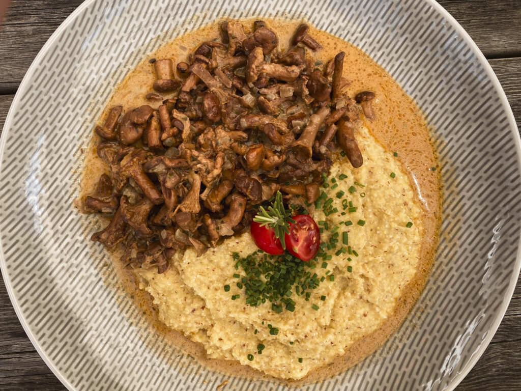 Piatto di polenta con funghi servito in un rifugio alpino